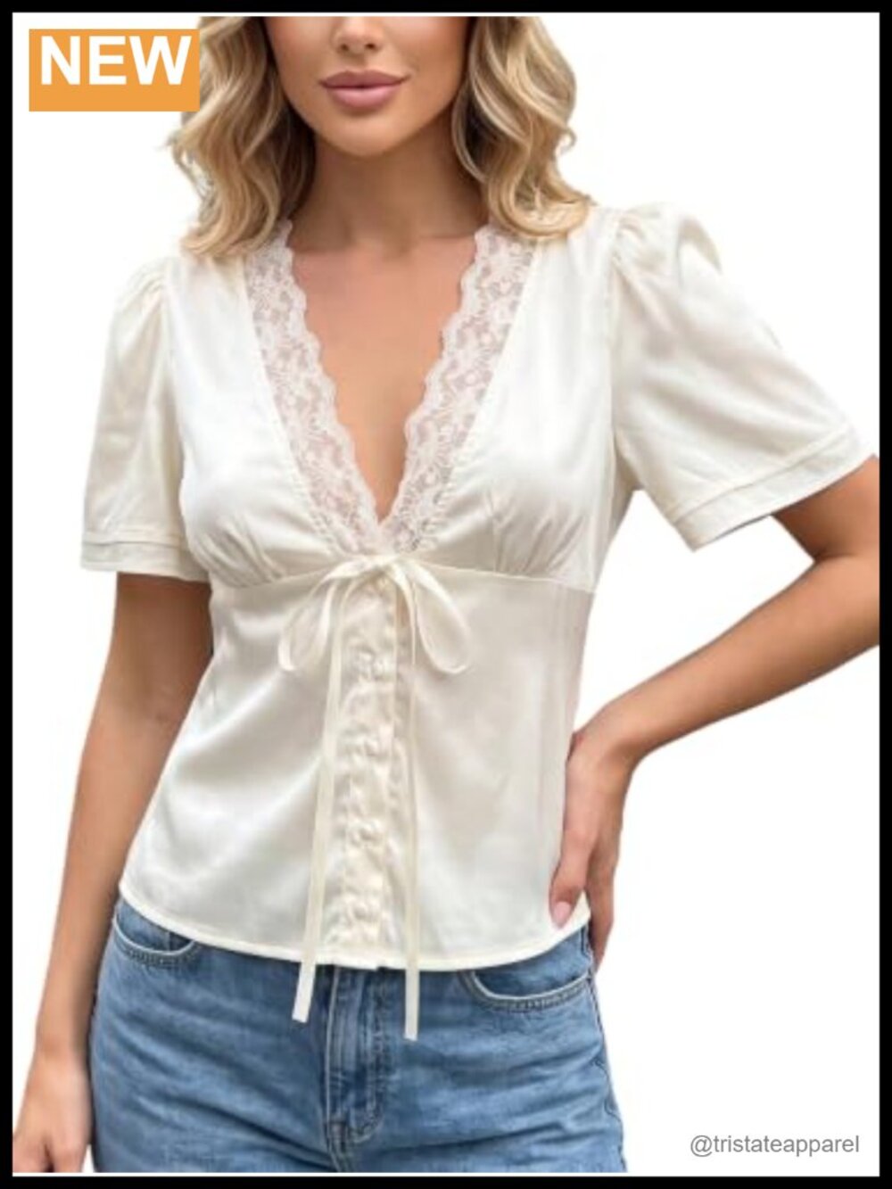 Lace Trim Satin V Neck Puff Sleeve Blouse Button Front Bow Tie Y2K Fairy Top